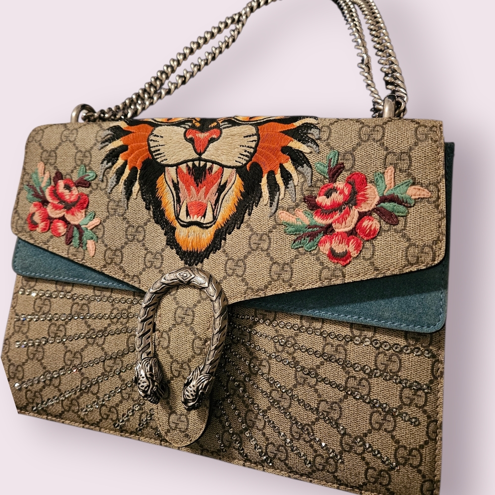 Gucci Beige and Green Embroidered Women's Bag